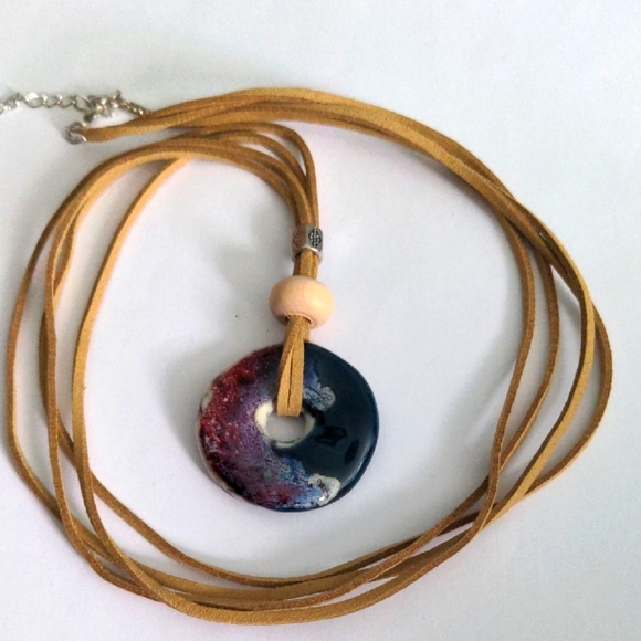 Hand Crafted Jewelry - New Long Pendant Necklace, Handmade Pottery Donut,  38"+2" Two Suede Cords, Boho